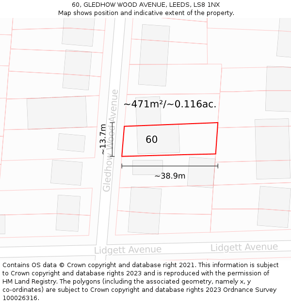 60, GLEDHOW WOOD AVENUE, LEEDS, LS8 1NX: Plot and title map