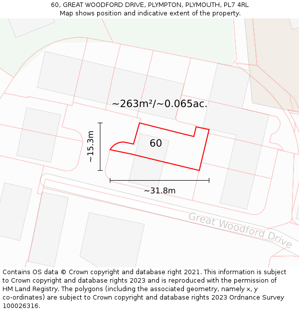 60, GREAT WOODFORD DRIVE, PLYMPTON, PLYMOUTH, PL7 4RL: Plot and title map
