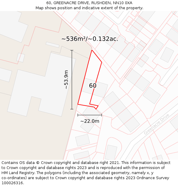 60, GREENACRE DRIVE, RUSHDEN, NN10 0XA: Plot and title map
