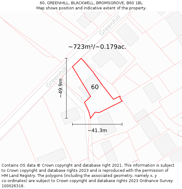 60, GREENHILL, BLACKWELL, BROMSGROVE, B60 1BL: Plot and title map