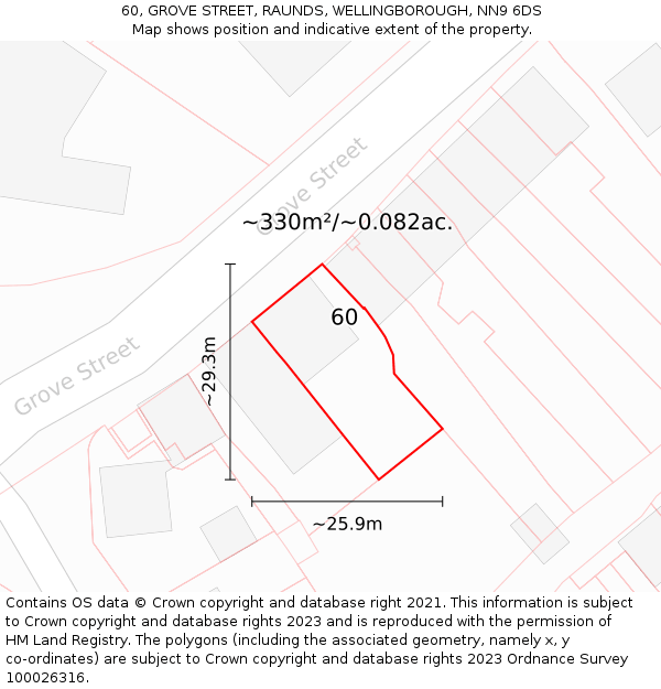 60, GROVE STREET, RAUNDS, WELLINGBOROUGH, NN9 6DS: Plot and title map