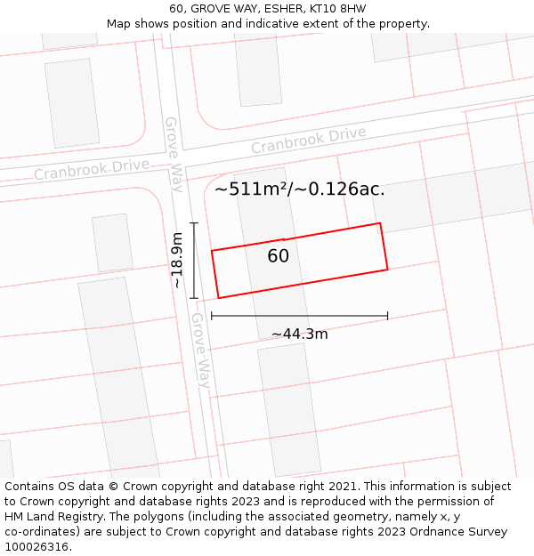 60, GROVE WAY, ESHER, KT10 8HW: Plot and title map