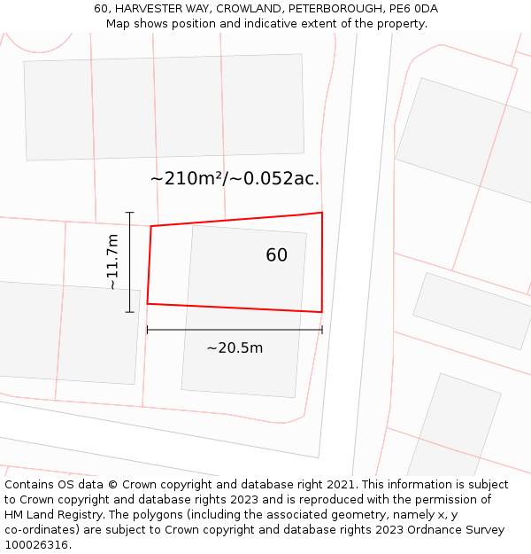 60, HARVESTER WAY, CROWLAND, PETERBOROUGH, PE6 0DA: Plot and title map