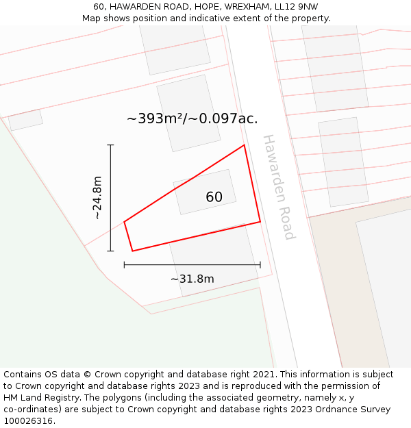 60, HAWARDEN ROAD, HOPE, WREXHAM, LL12 9NW: Plot and title map