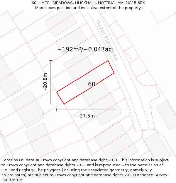 60, HAZEL MEADOWS, HUCKNALL, NOTTINGHAM, NG15 6BX: Plot and title map