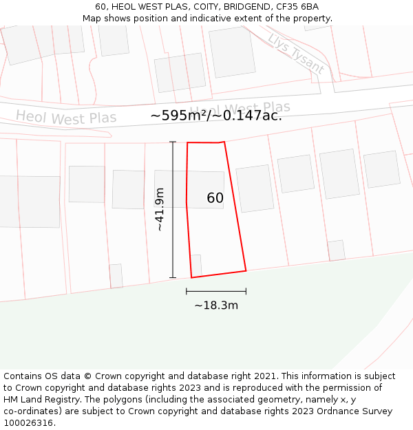 60, HEOL WEST PLAS, COITY, BRIDGEND, CF35 6BA: Plot and title map