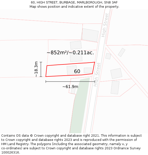 60, HIGH STREET, BURBAGE, MARLBOROUGH, SN8 3AF: Plot and title map