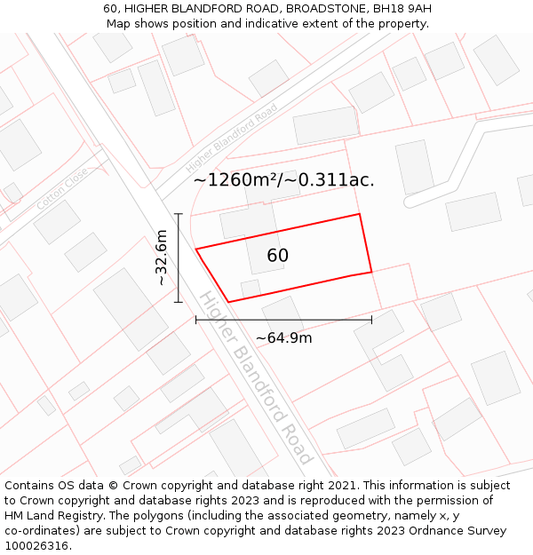 60, HIGHER BLANDFORD ROAD, BROADSTONE, BH18 9AH: Plot and title map