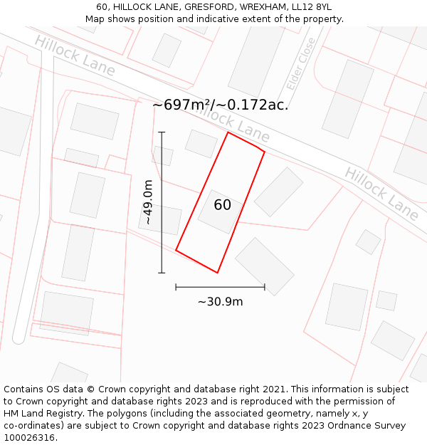 60, HILLOCK LANE, GRESFORD, WREXHAM, LL12 8YL: Plot and title map