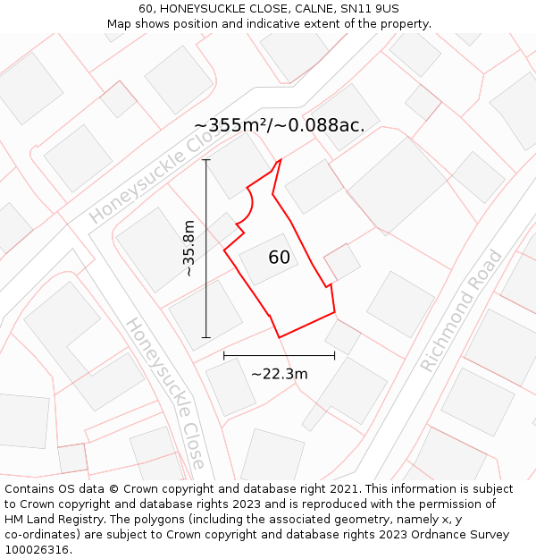 60, HONEYSUCKLE CLOSE, CALNE, SN11 9US: Plot and title map