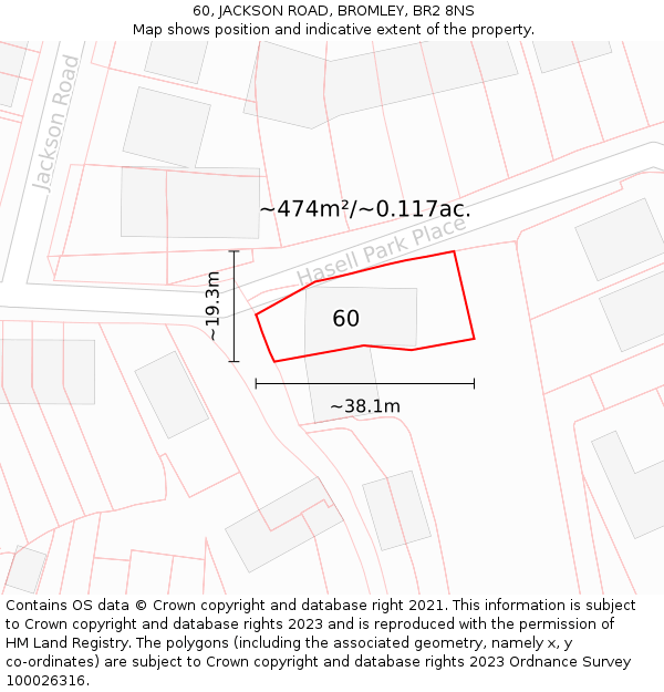 60, JACKSON ROAD, BROMLEY, BR2 8NS: Plot and title map