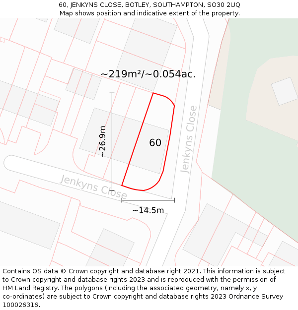 60, JENKYNS CLOSE, BOTLEY, SOUTHAMPTON, SO30 2UQ: Plot and title map