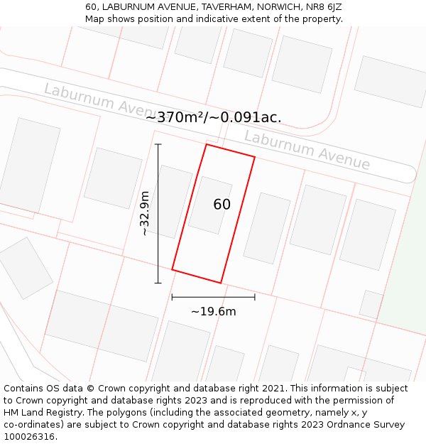 60, LABURNUM AVENUE, TAVERHAM, NORWICH, NR8 6JZ: Plot and title map