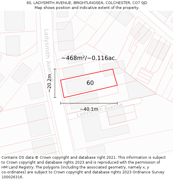 60, LADYSMITH AVENUE, BRIGHTLINGSEA, COLCHESTER, CO7 0JD: Plot and title map