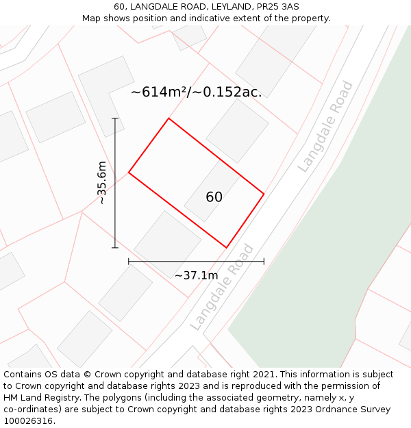 60, LANGDALE ROAD, LEYLAND, PR25 3AS: Plot and title map