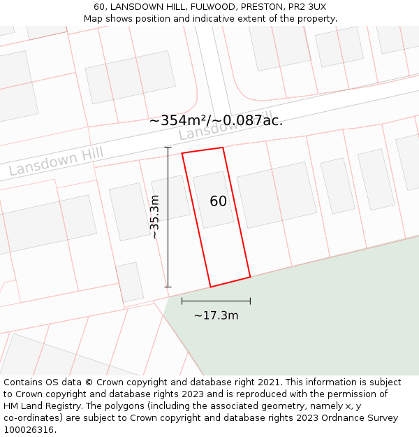 60, LANSDOWN HILL, FULWOOD, PRESTON, PR2 3UX: Plot and title map