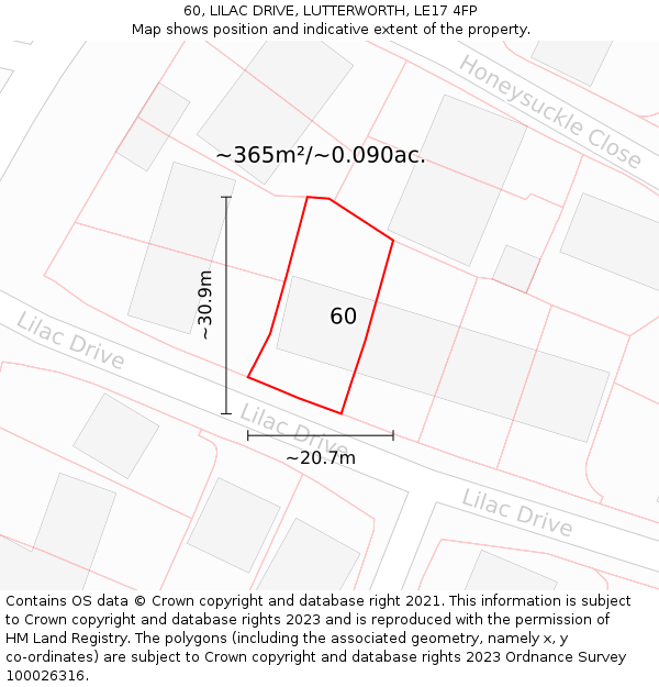 60, LILAC DRIVE, LUTTERWORTH, LE17 4FP: Plot and title map