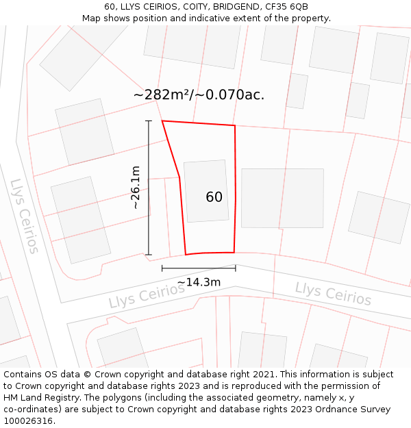 60, LLYS CEIRIOS, COITY, BRIDGEND, CF35 6QB: Plot and title map