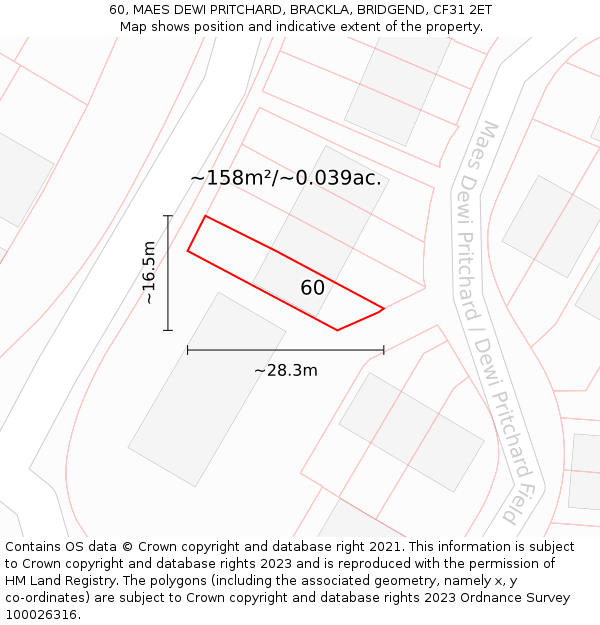 60, MAES DEWI PRITCHARD, BRACKLA, BRIDGEND, CF31 2ET: Plot and title map