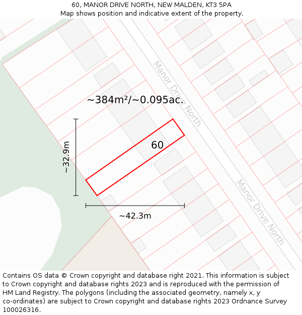 60, MANOR DRIVE NORTH, NEW MALDEN, KT3 5PA: Plot and title map