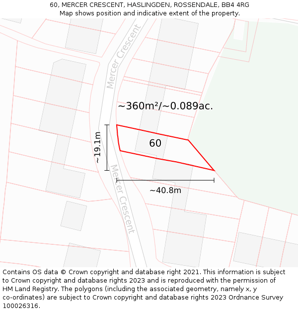 60, MERCER CRESCENT, HASLINGDEN, ROSSENDALE, BB4 4RG: Plot and title map