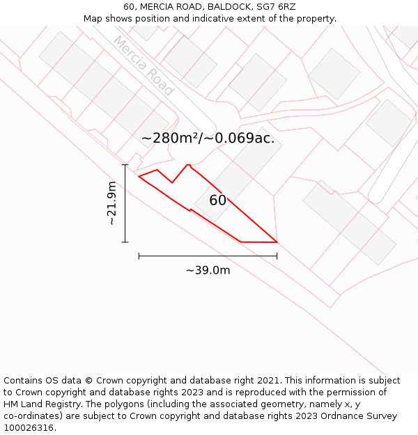 60, MERCIA ROAD, BALDOCK, SG7 6RZ: Plot and title map