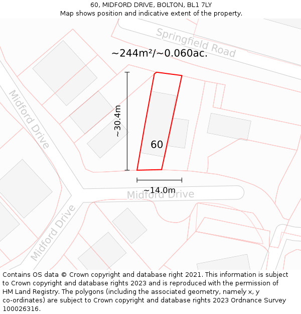 60, MIDFORD DRIVE, BOLTON, BL1 7LY: Plot and title map