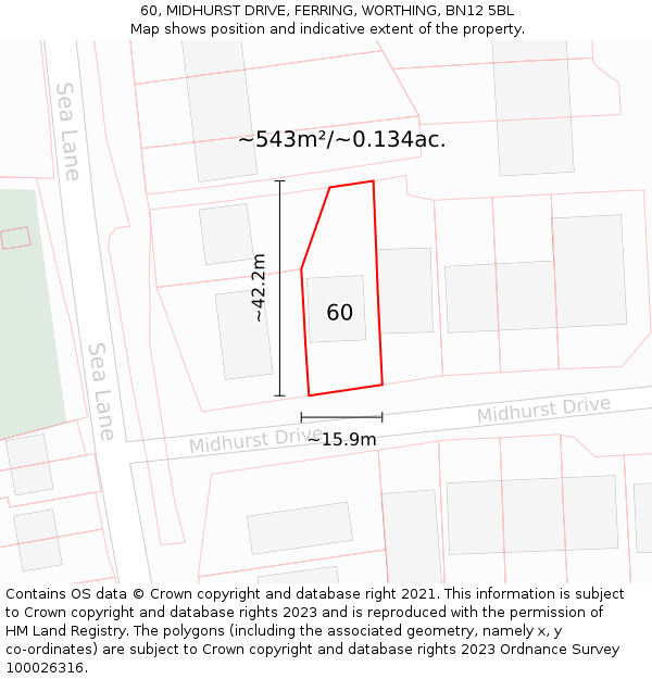 60, MIDHURST DRIVE, FERRING, WORTHING, BN12 5BL: Plot and title map