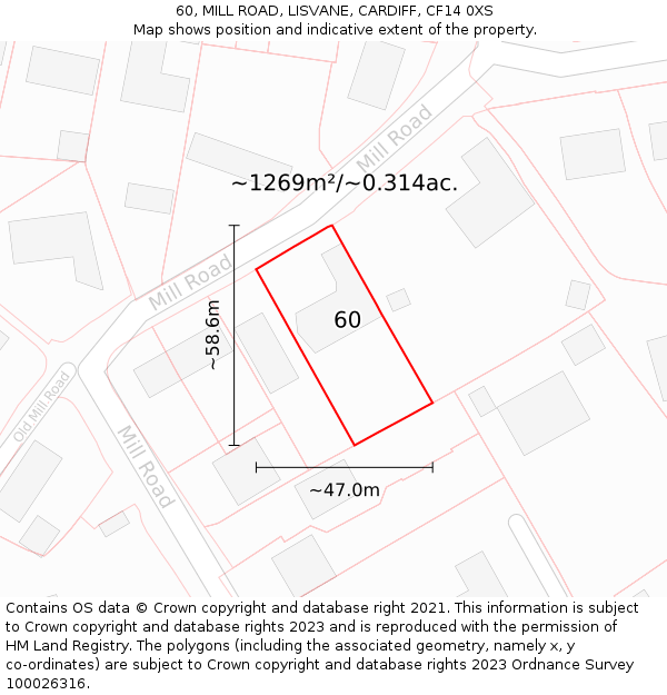 60, MILL ROAD, LISVANE, CARDIFF, CF14 0XS: Plot and title map