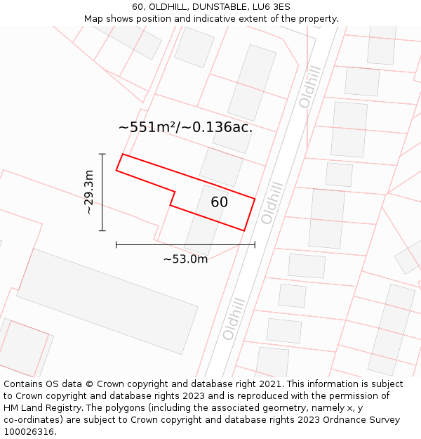 60, OLDHILL, DUNSTABLE, LU6 3ES: Plot and title map
