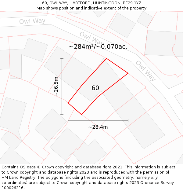 60, OWL WAY, HARTFORD, HUNTINGDON, PE29 1YZ: Plot and title map