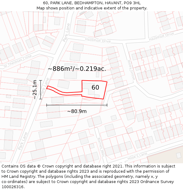 60, PARK LANE, BEDHAMPTON, HAVANT, PO9 3HL: Plot and title map