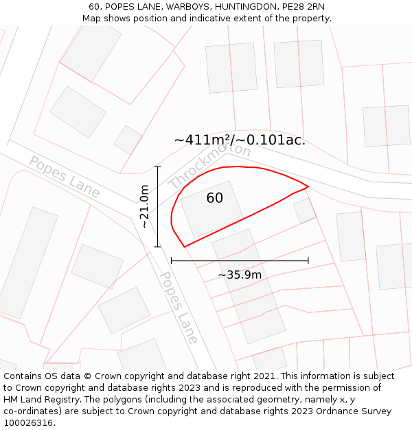 60, POPES LANE, WARBOYS, HUNTINGDON, PE28 2RN: Plot and title map