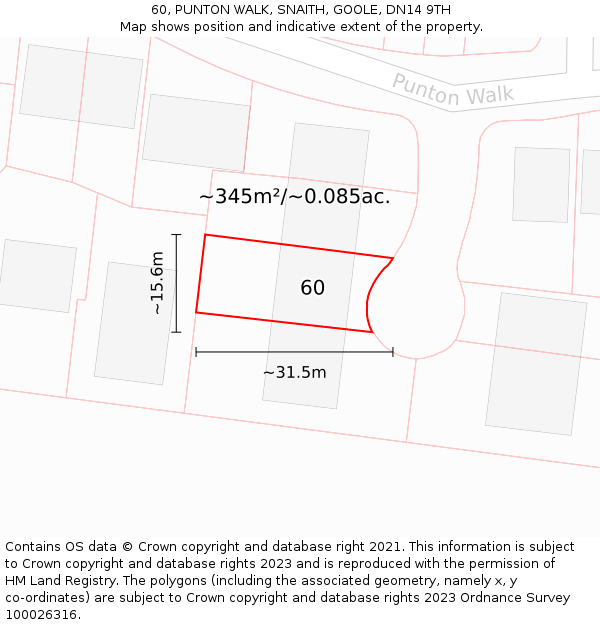 60, PUNTON WALK, SNAITH, GOOLE, DN14 9TH: Plot and title map