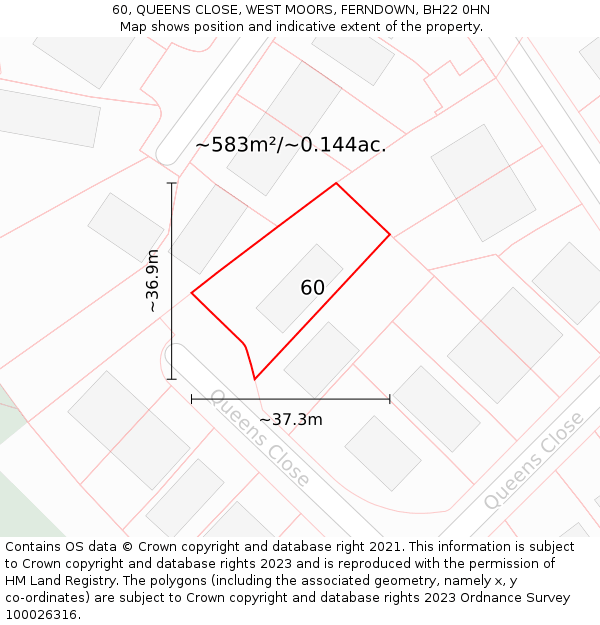 60, QUEENS CLOSE, WEST MOORS, FERNDOWN, BH22 0HN: Plot and title map