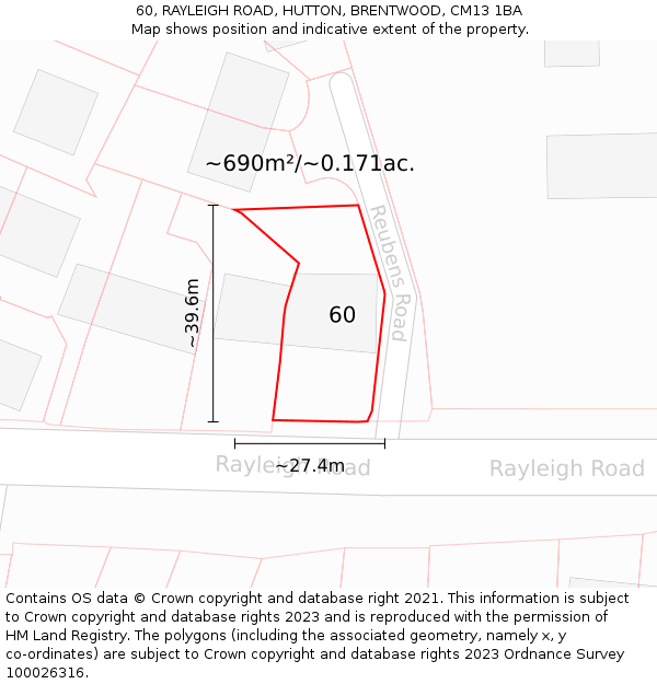 60, RAYLEIGH ROAD, HUTTON, BRENTWOOD, CM13 1BA: Plot and title map