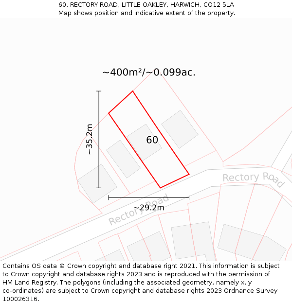 60, RECTORY ROAD, LITTLE OAKLEY, HARWICH, CO12 5LA: Plot and title map