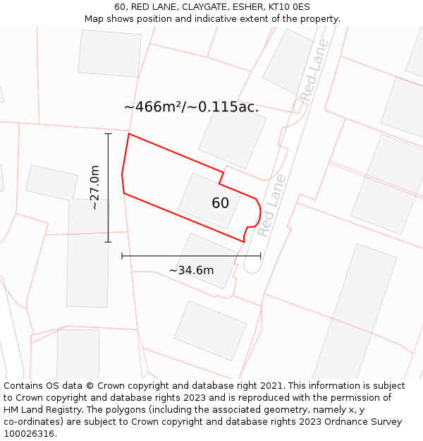60, RED LANE, CLAYGATE, ESHER, KT10 0ES: Plot and title map