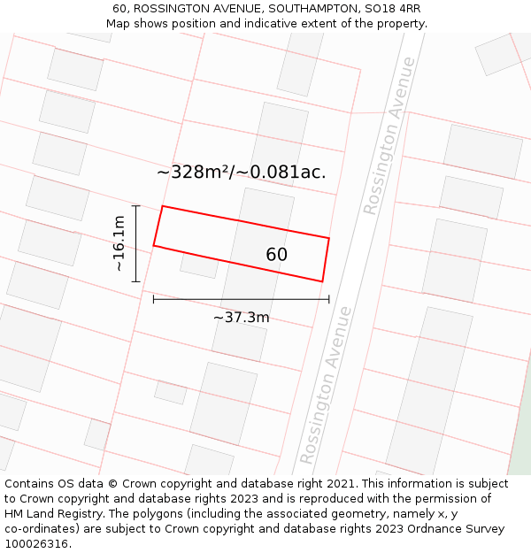 60, ROSSINGTON AVENUE, SOUTHAMPTON, SO18 4RR: Plot and title map