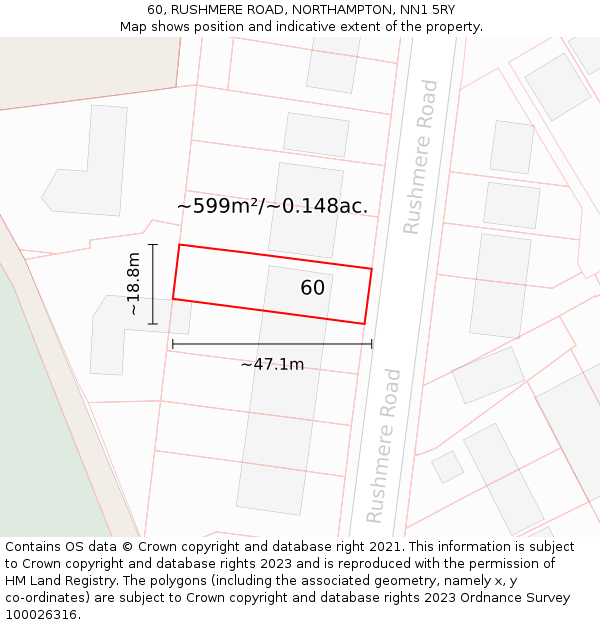 60, RUSHMERE ROAD, NORTHAMPTON, NN1 5RY: Plot and title map