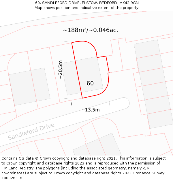 60, SANDLEFORD DRIVE, ELSTOW, BEDFORD, MK42 9GN: Plot and title map