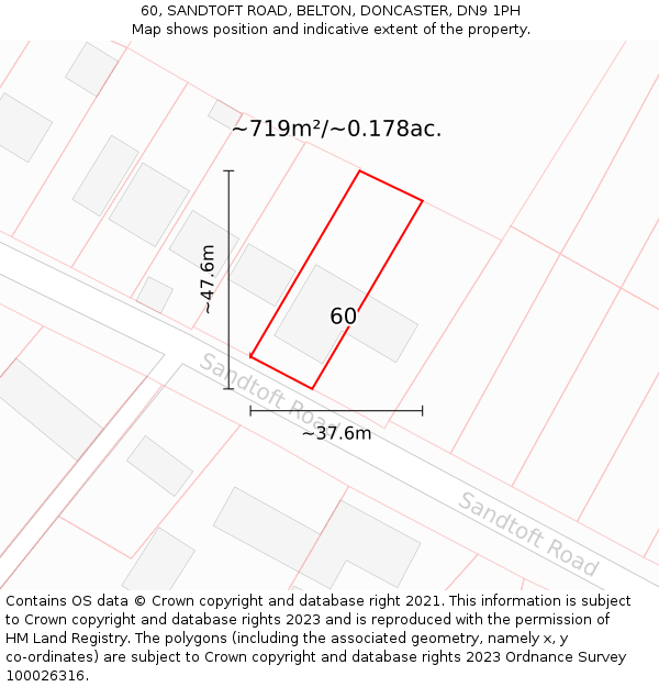 60, SANDTOFT ROAD, BELTON, DONCASTER, DN9 1PH: Plot and title map