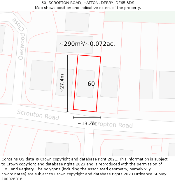 60, SCROPTON ROAD, HATTON, DERBY, DE65 5DS: Plot and title map