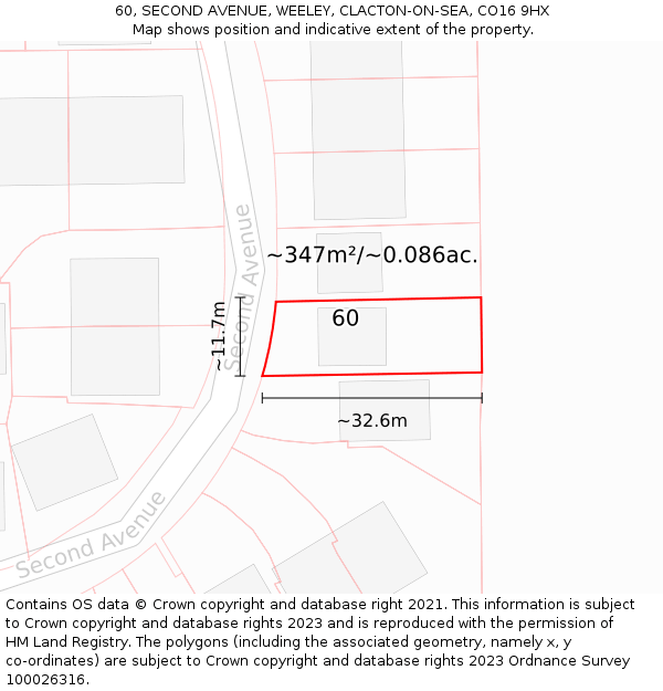 60, SECOND AVENUE, WEELEY, CLACTON-ON-SEA, CO16 9HX: Plot and title map