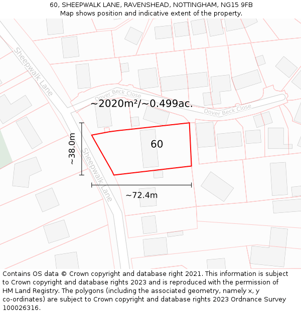 60, SHEEPWALK LANE, RAVENSHEAD, NOTTINGHAM, NG15 9FB: Plot and title map