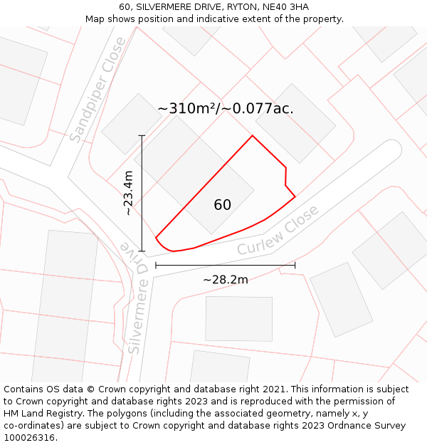60, SILVERMERE DRIVE, RYTON, NE40 3HA: Plot and title map