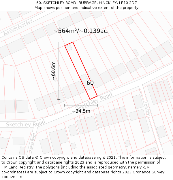 60, SKETCHLEY ROAD, BURBAGE, HINCKLEY, LE10 2DZ: Plot and title map
