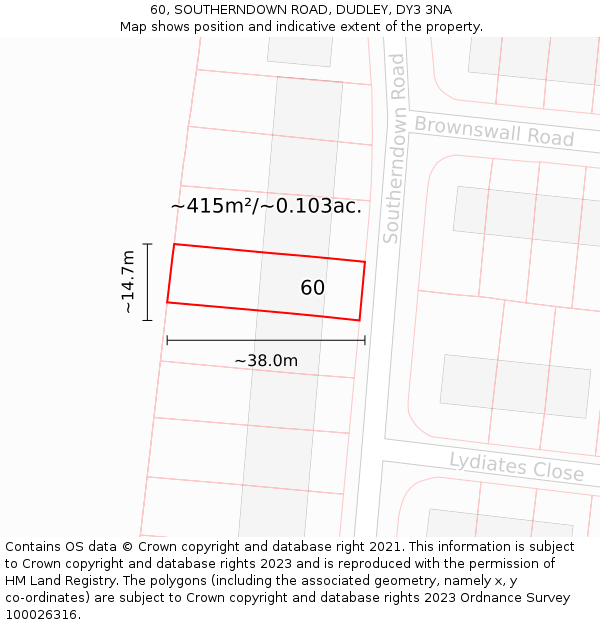 60, SOUTHERNDOWN ROAD, DUDLEY, DY3 3NA: Plot and title map