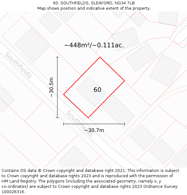 60, SOUTHFIELDS, SLEAFORD, NG34 7LB: Plot and title map