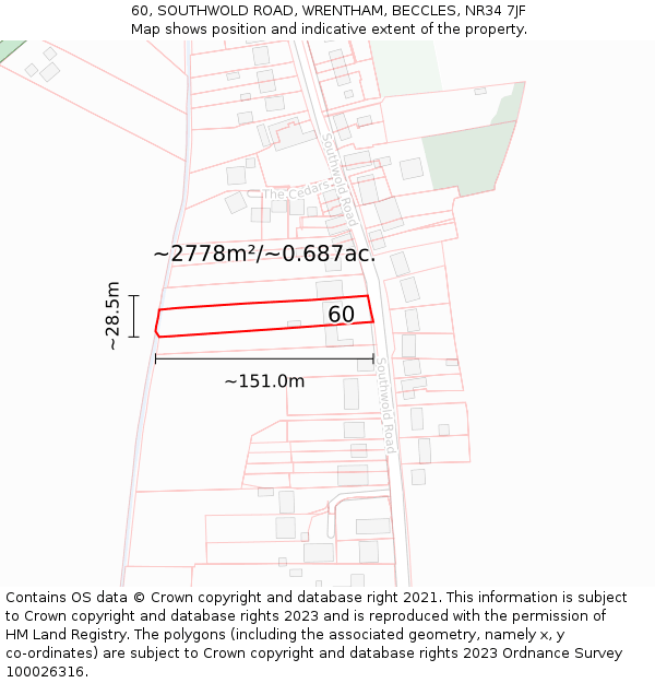 60, SOUTHWOLD ROAD, WRENTHAM, BECCLES, NR34 7JF: Plot and title map